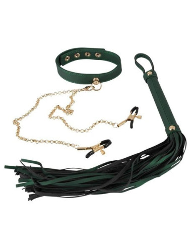 Set bondage collar flogger pinzas verde